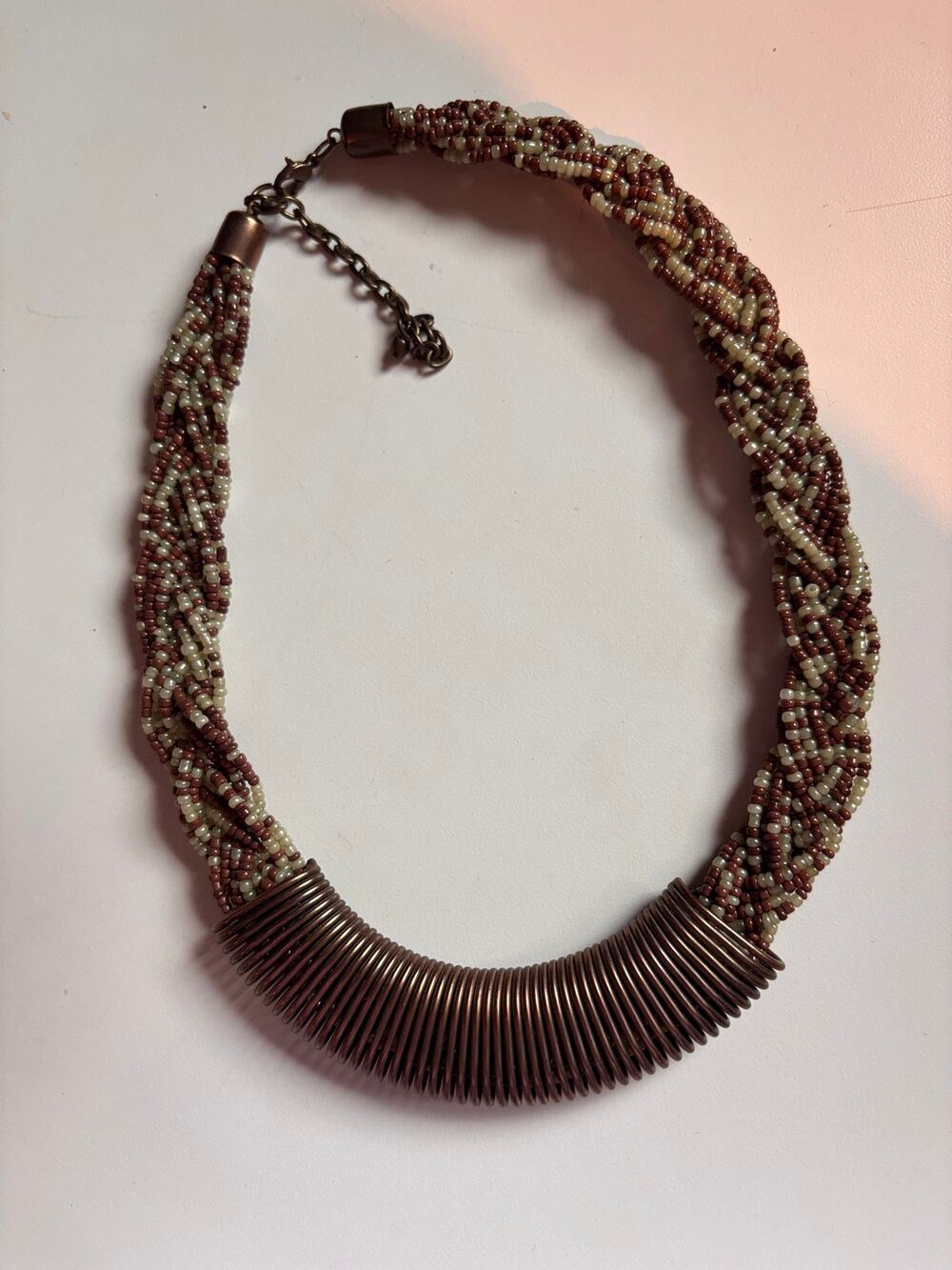 Vnt braided brown & lt blue seeded necklace w/ metal coil statement earthy Boho